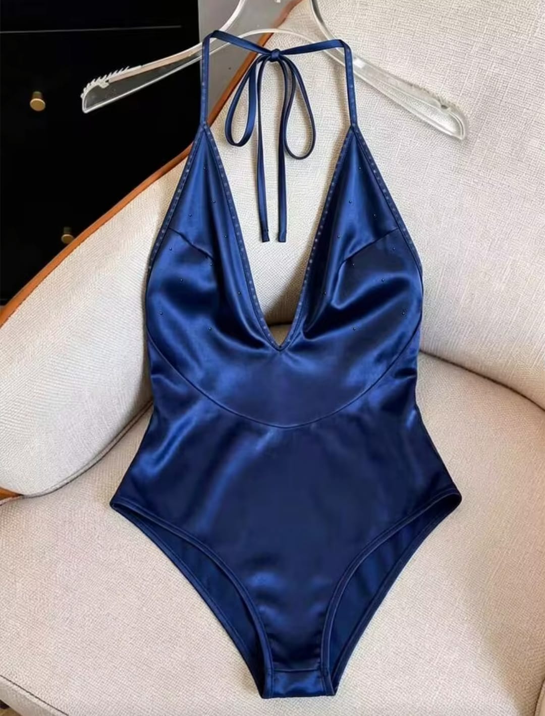 Elegant Navy Blue Faux Pearl Embellished Halter Neck Satin Bodysuit Swimsuit